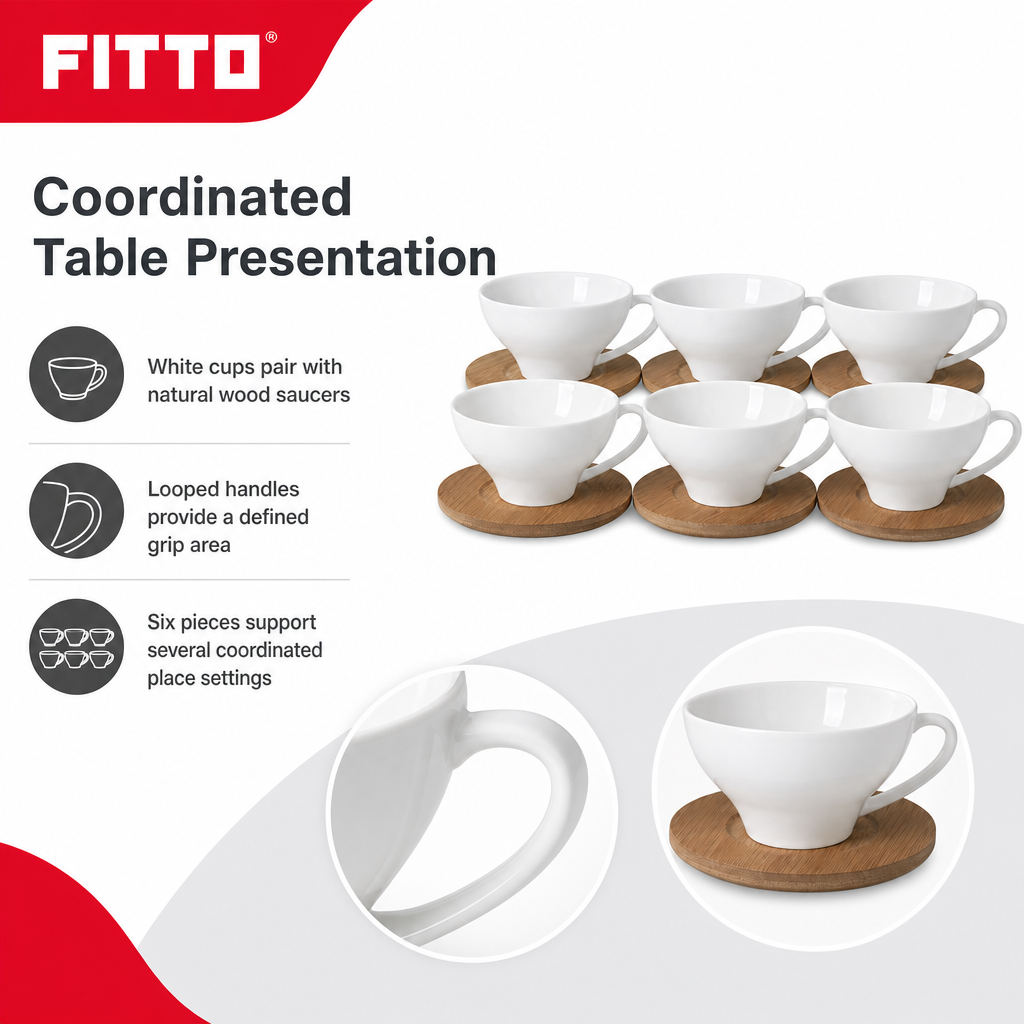 60 Pieces Ceramic Tea and Coffee Cup Set with Looped Handles and Wooden Saucers, White and Natural Wood, 6 Pieces