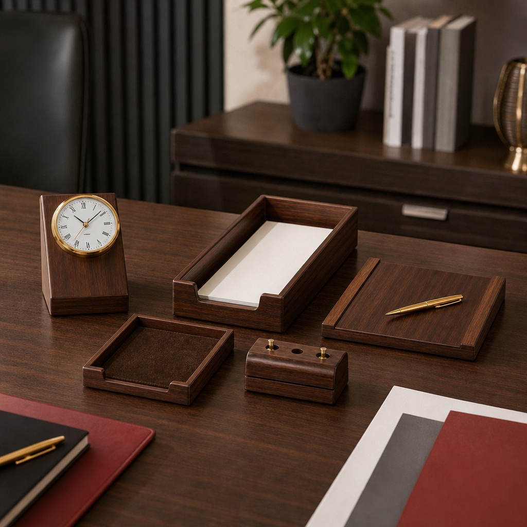 48 Pieces 5-Piece Executive Desk Set with Clock, Writing Pad, Document Tray, Pen Holder and Letter Holder, Wood-Finish