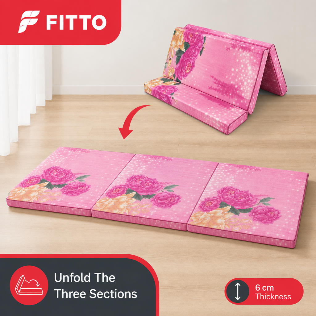 48 Pieces Folding Foam Mattresses, 3-Fold Design, 6 cm Thick, Pink