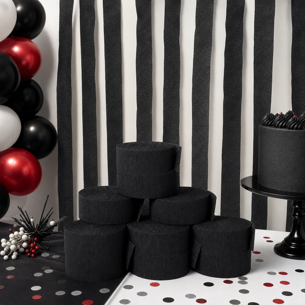 144 Pieces Black Paper Party Decorations Streamers, 5 cm x 230 cm, 6 Pieces