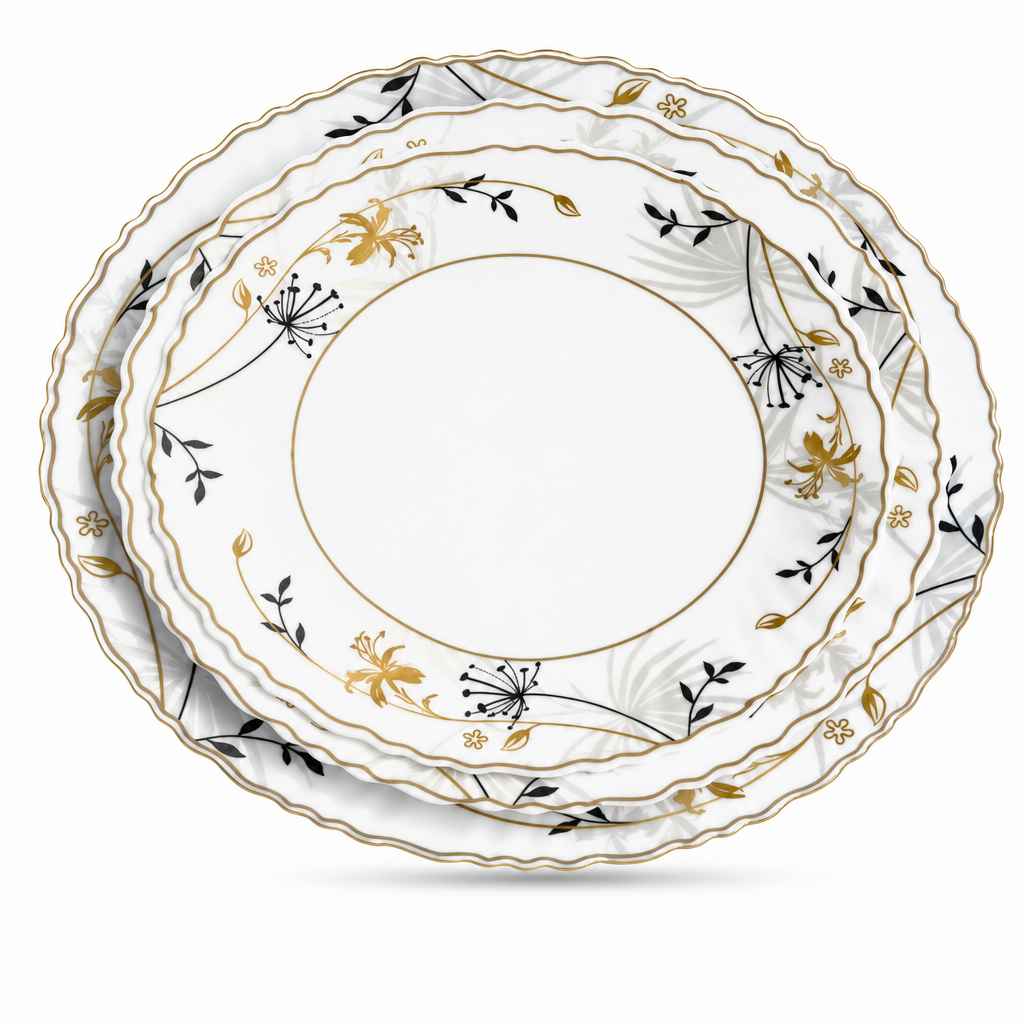 96 Pieces Opal Soup Plate, 8.5 Inch, White With Gold and Black Floral Pattern