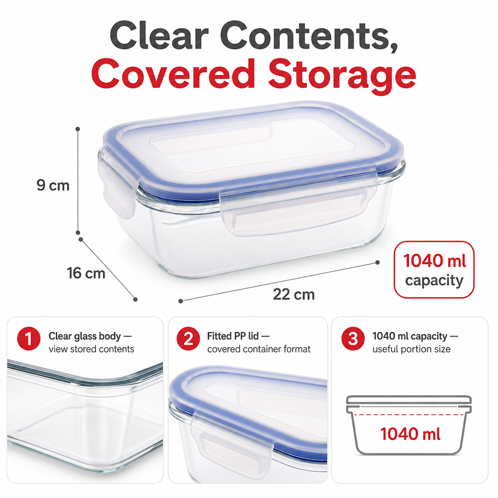 96 Pieces Rectangular Borosilicate Glass Food Container with PP Lid, 1040 ml