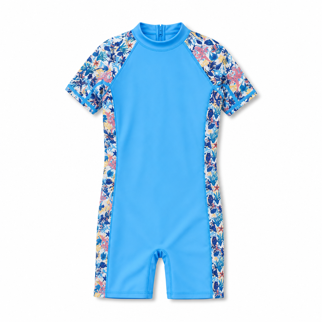 72 Pieces Blue Short-Sleeve Youth Swimming Suits with Floral Panels, Ages 7-14