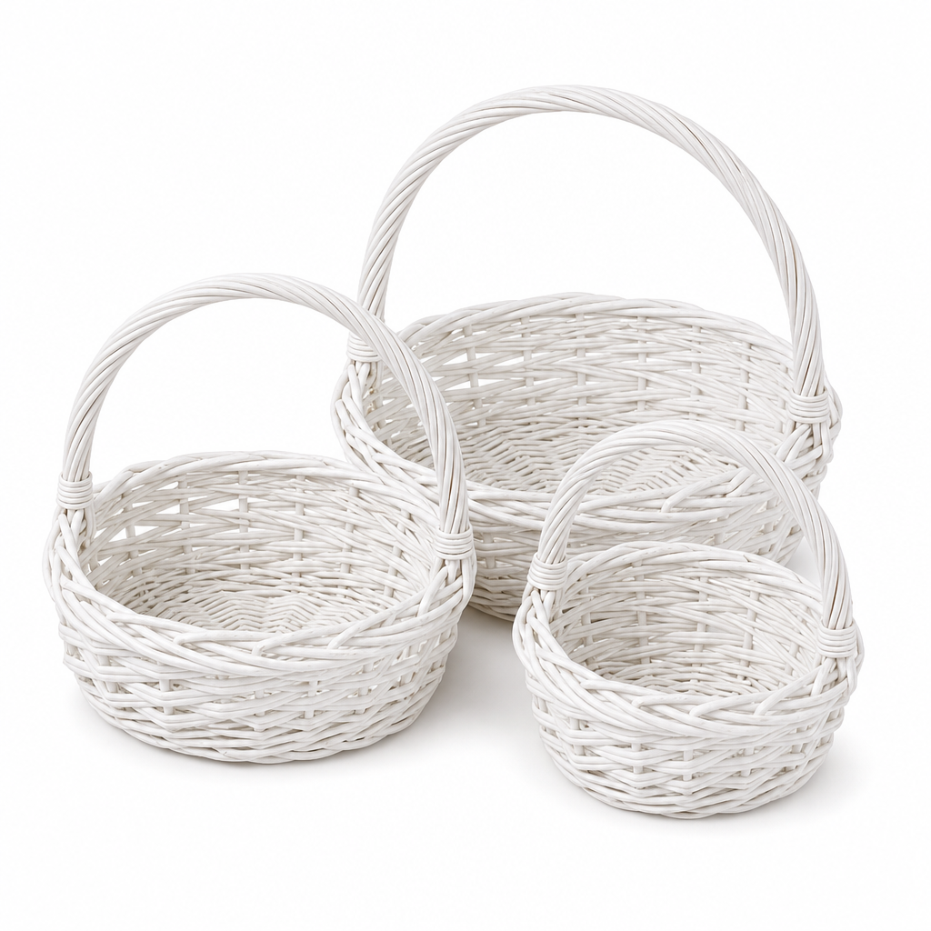48 Pieces Round Wicker Basket Set with Handles, White, 3 Piece