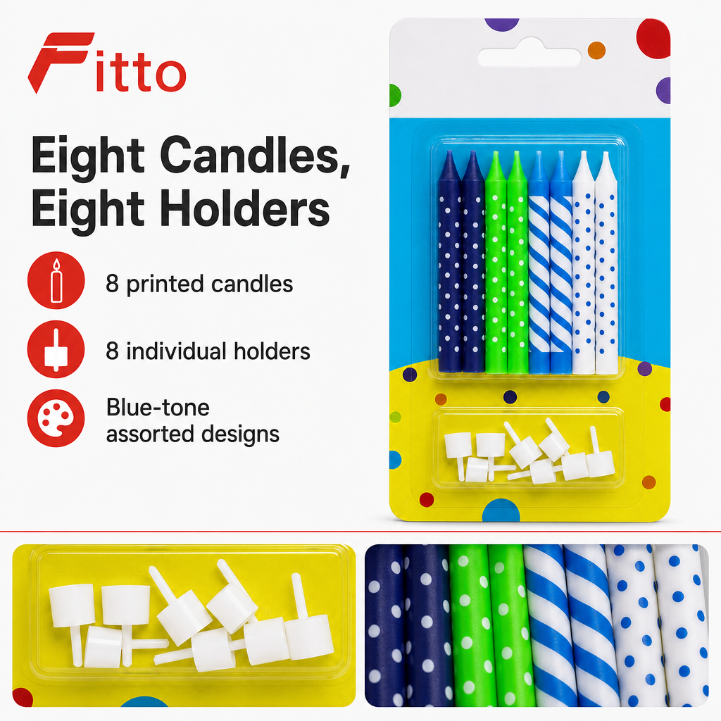 144 Pieces Blue Tone Assorted Printed Birthday Candles, 8 Candles with 8 Holders for Cake Decoration