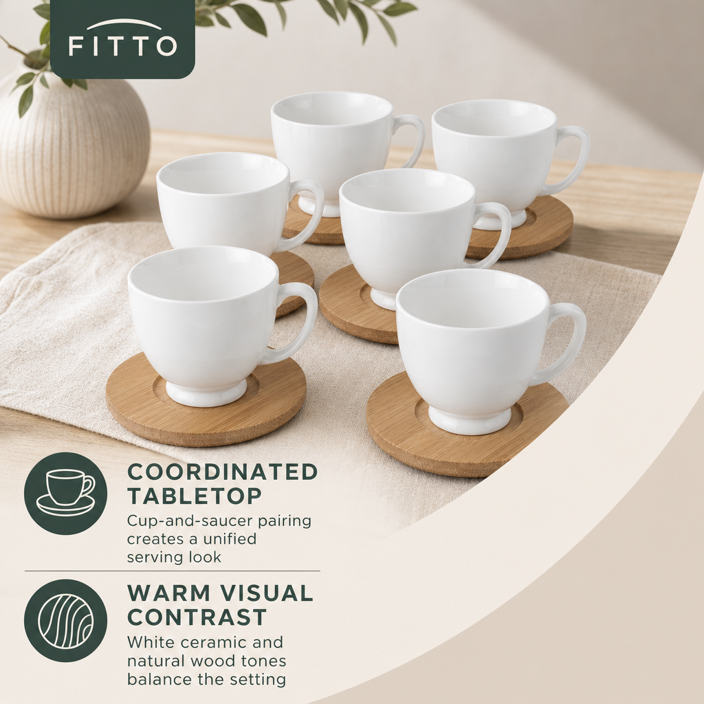 60 Pieces Ceramic Coffee Cups with Bamboo Saucers, White and Natural Wood, 6-Piece Set