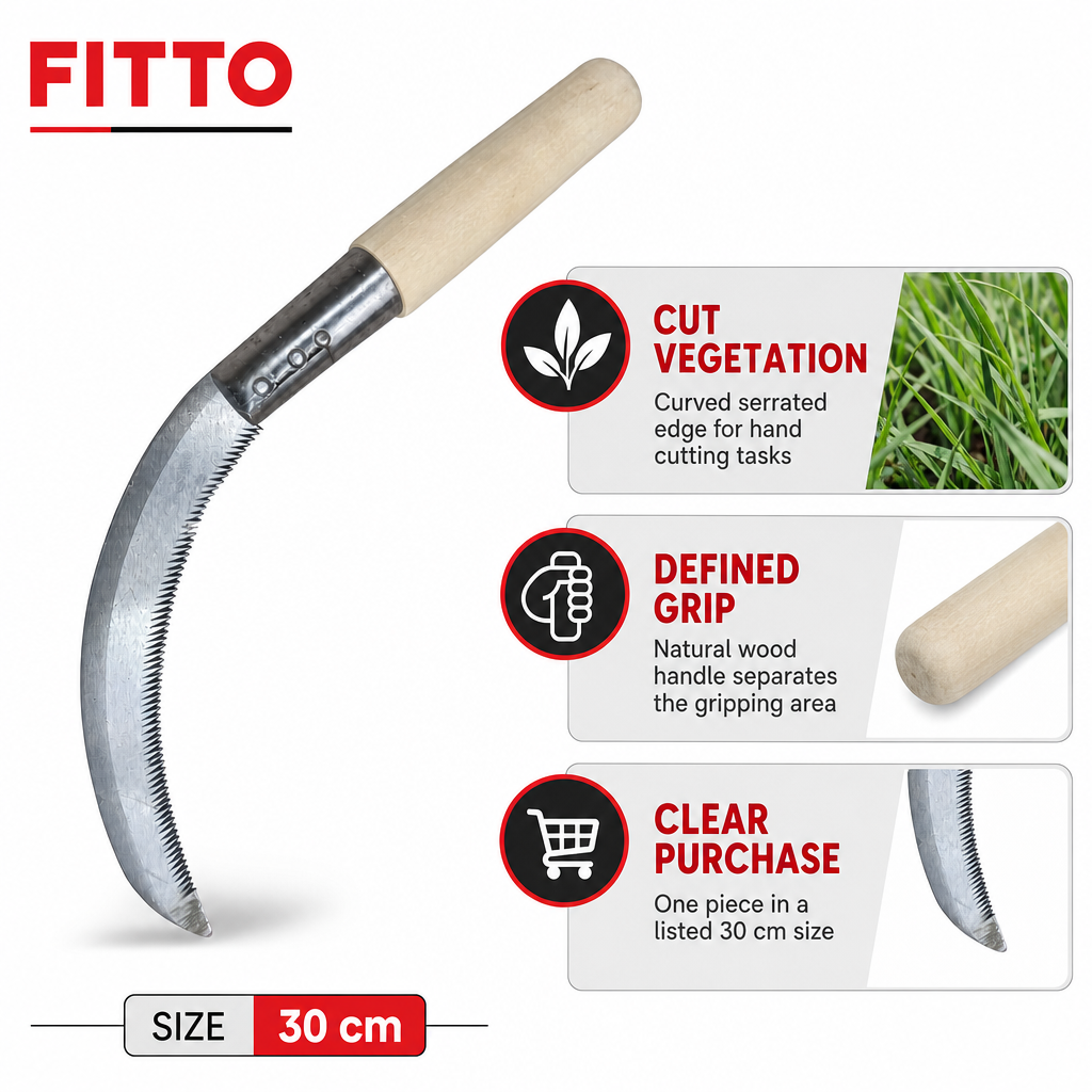 144 Pieces Serrated Hand Sickle with Wooden Handle, 30 cm, Silver and Natural Wood, 1 Piece