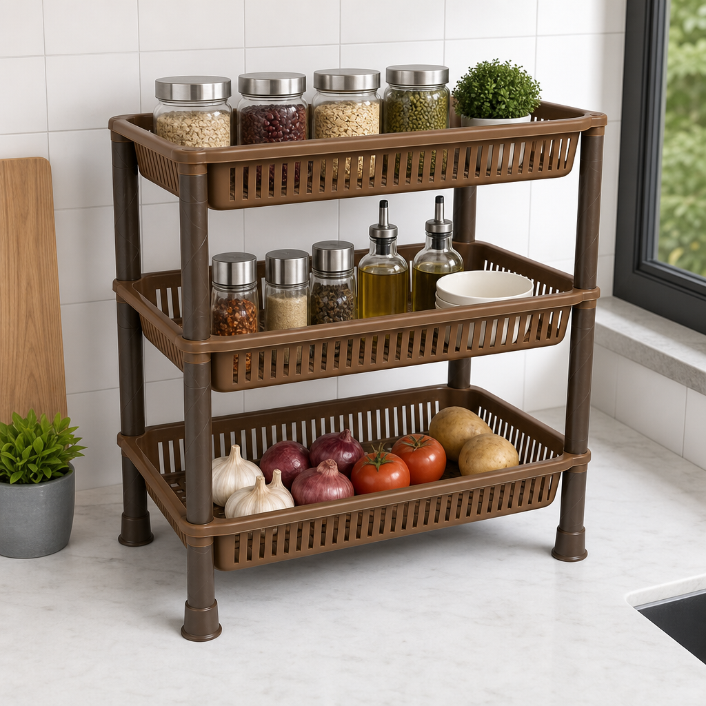 72 Pieces Brown Three-Tier Plastic Multipurpose Kitchen Storage Rack, 45 x 34 x 18 cm