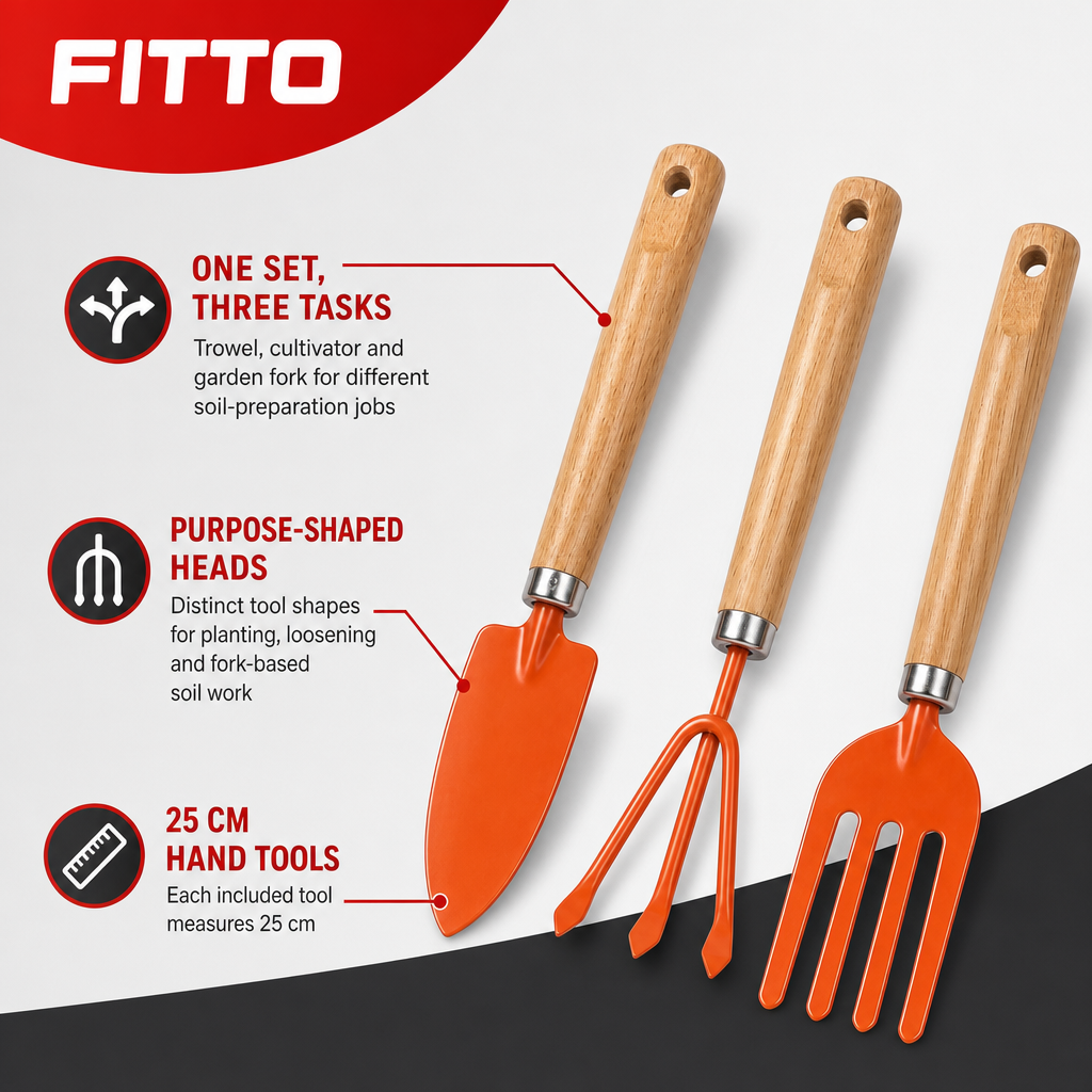 72 Pieces 3-Piece Garden Tool Set, Carbon Steel Trowel, 3-Tooth Cultivator and 4-Tooth Fork, 25 cm, Orange and Wood