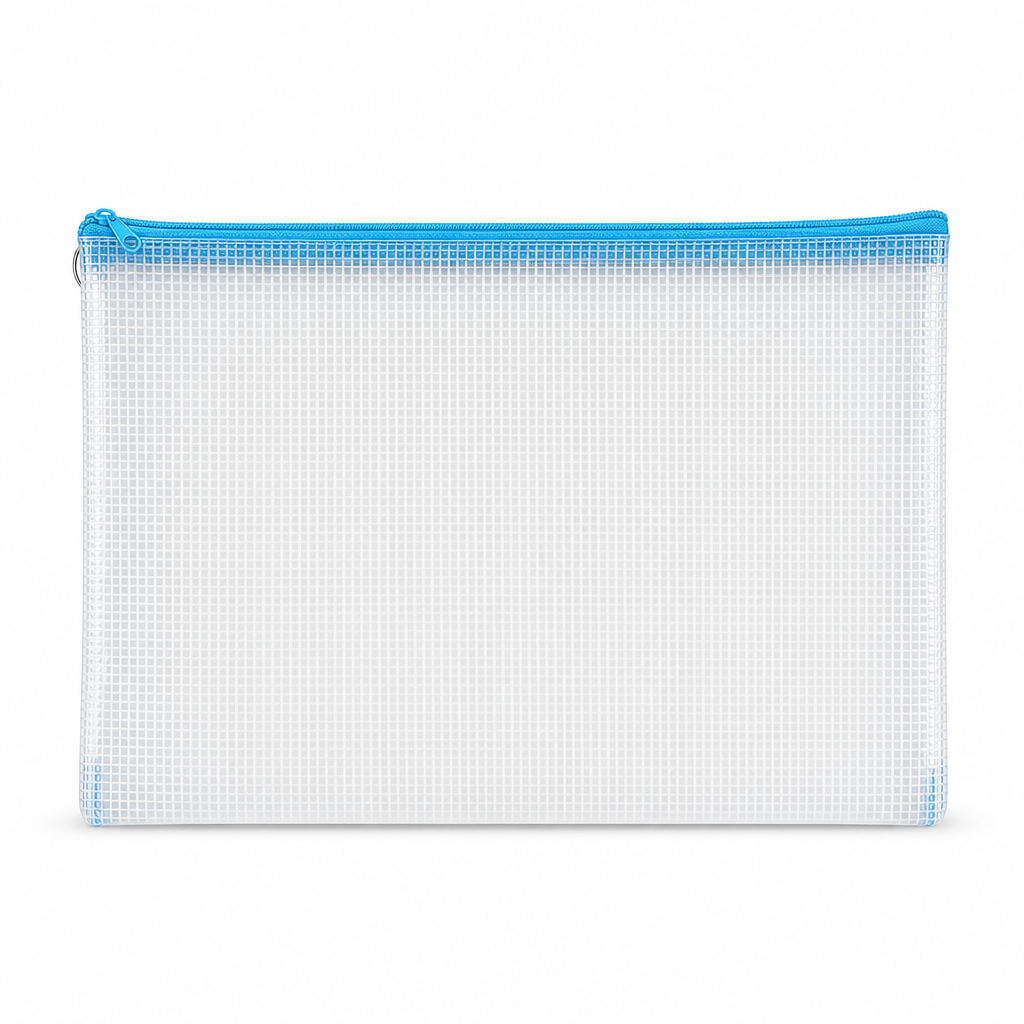 144 Pieces Transparent Grid Zipper Document Folder with Blue Trim, 35 x 25 x 2 cm, 1 Piece