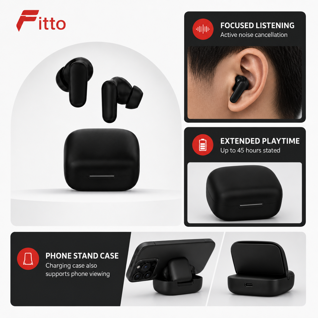 72 Pieces True Wireless Earbudses with ANC, 45H Playtime and Charging Case Phone Stand