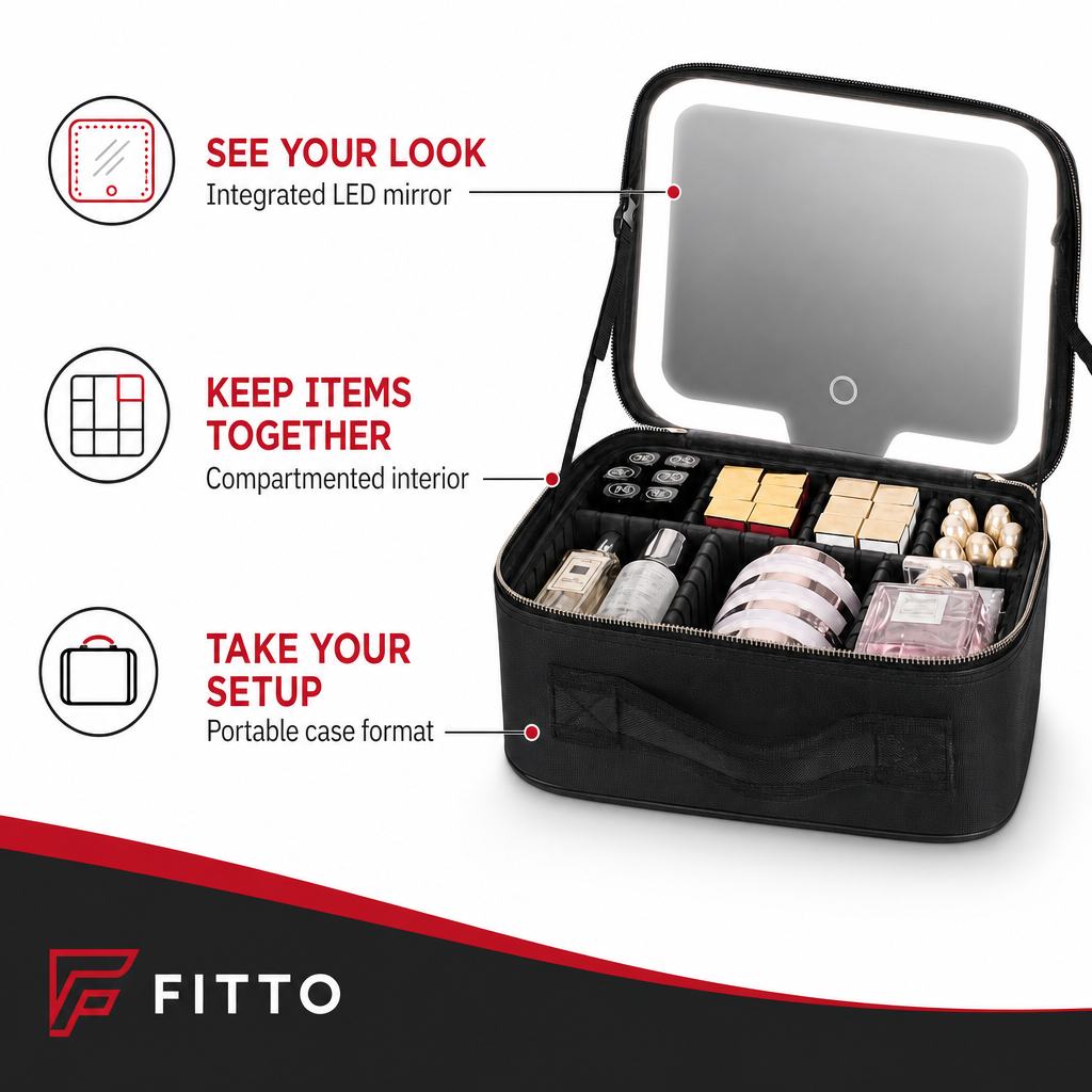 48 Pieces Makeup Organiser Case with LED Mirror, Storage Compartments, USB-C Cable and Black Portable Design, 1 Case