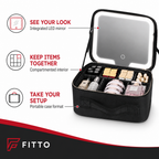 48 Pieces Makeup Organiser Case with LED Mirror, Storage Compartments, USB-C Cable and Black Portable Design, 1 Case