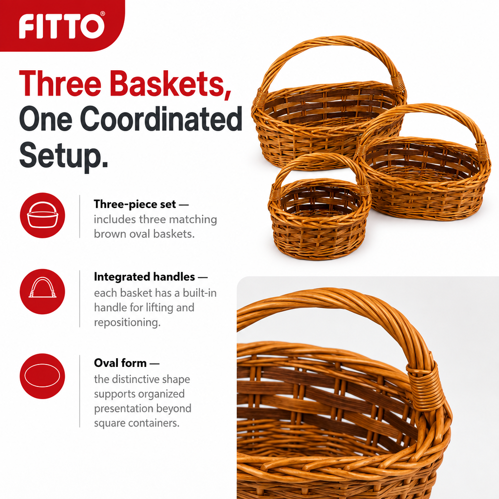 60 Pieces Oval Wicker Basket Set with Handles, Brown, 3 Piece