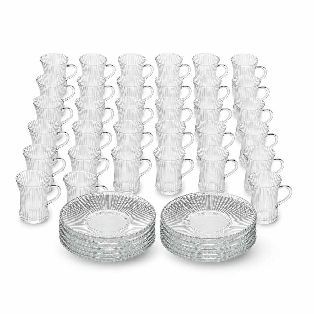 48 Pieces Ribbed Clear Glass Tea Cup and Saucer Set, 36 Pieces