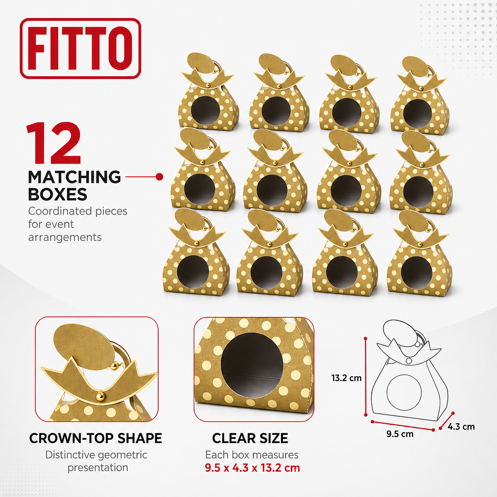 96 Pieces Candy Favor Boxes, Gold Crown-Top Paper Party Containers, 9.5 x 4.3 x 13.2 cm, 12 Pieces
