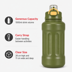 72 Pieces Water Bottle with Carry Strap, 1000ml Olive Green Sports Hydration Bottle