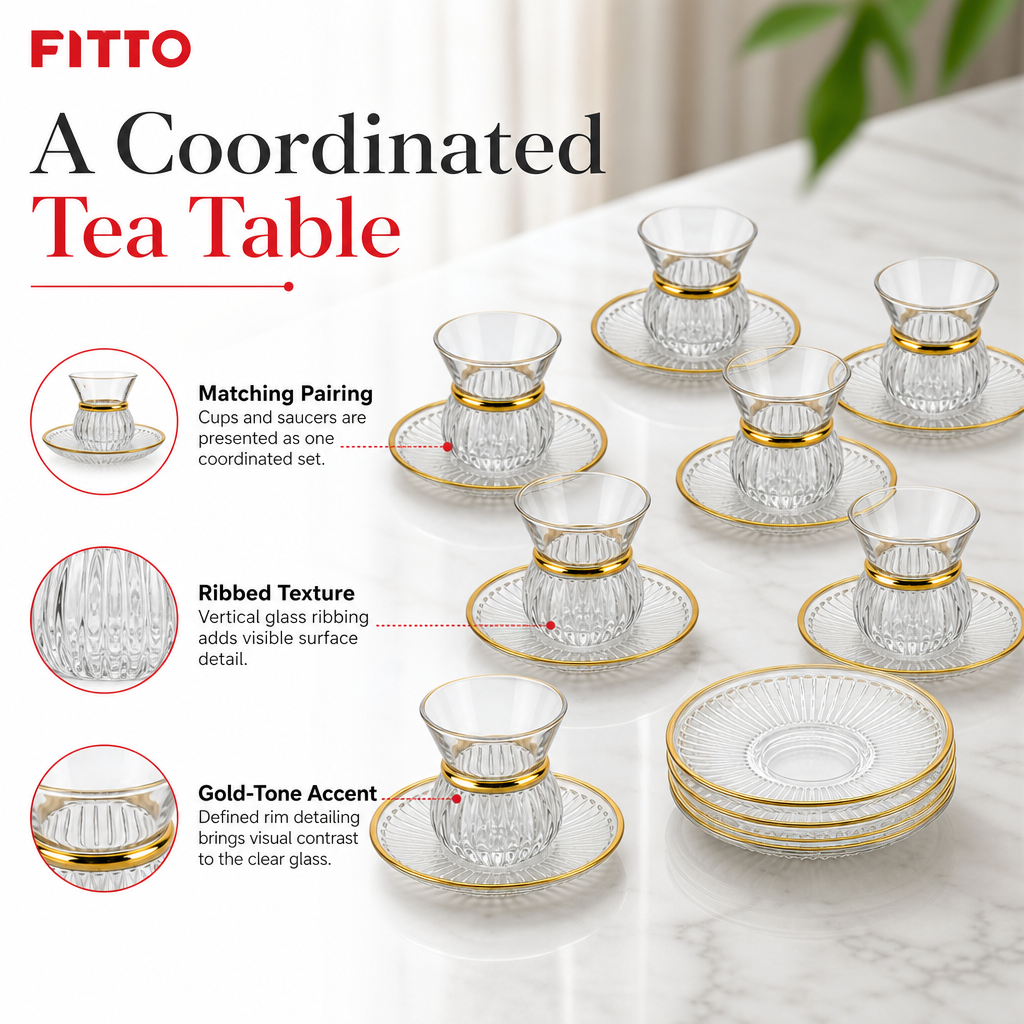 60 Pieces Ribbed Glass Tea Cup and Saucer Set with Gold Rim, 12-Piece Clear Drinkwares Collection