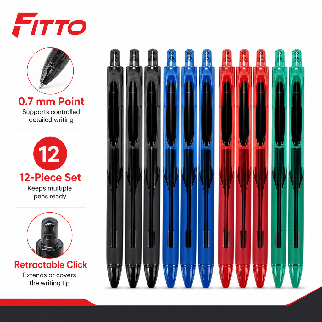 72 Pieces Gel Pens 0.7mm, Retractable Fine Point, 12 Pieces, Assorted Barrel Colours