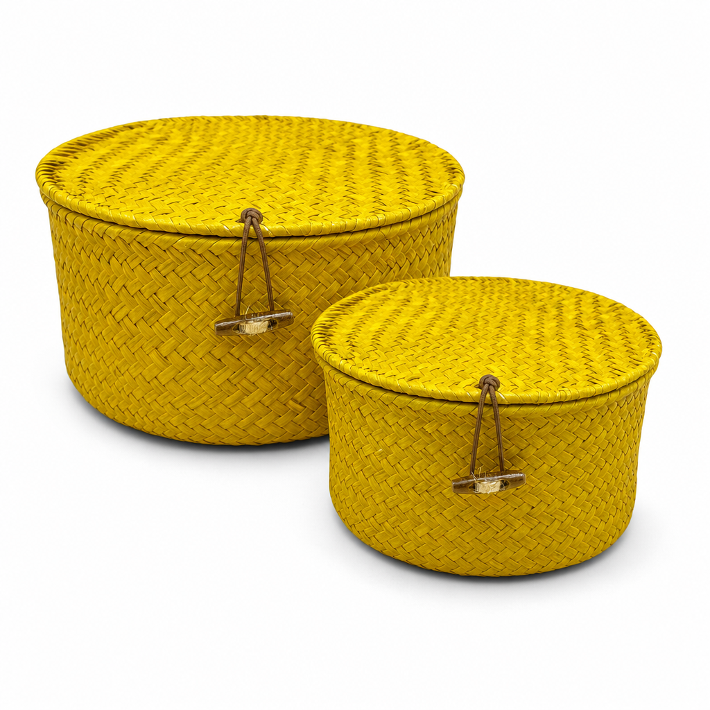 72 Pieces Round Woven Storage Box Set With Lids, 18 cm and 16 cm, Yellow, 2-Piece