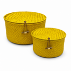 72 Pieces Round Woven Storage Box Set With Lids, 18 cm and 16 cm, Yellow, 2-Piece