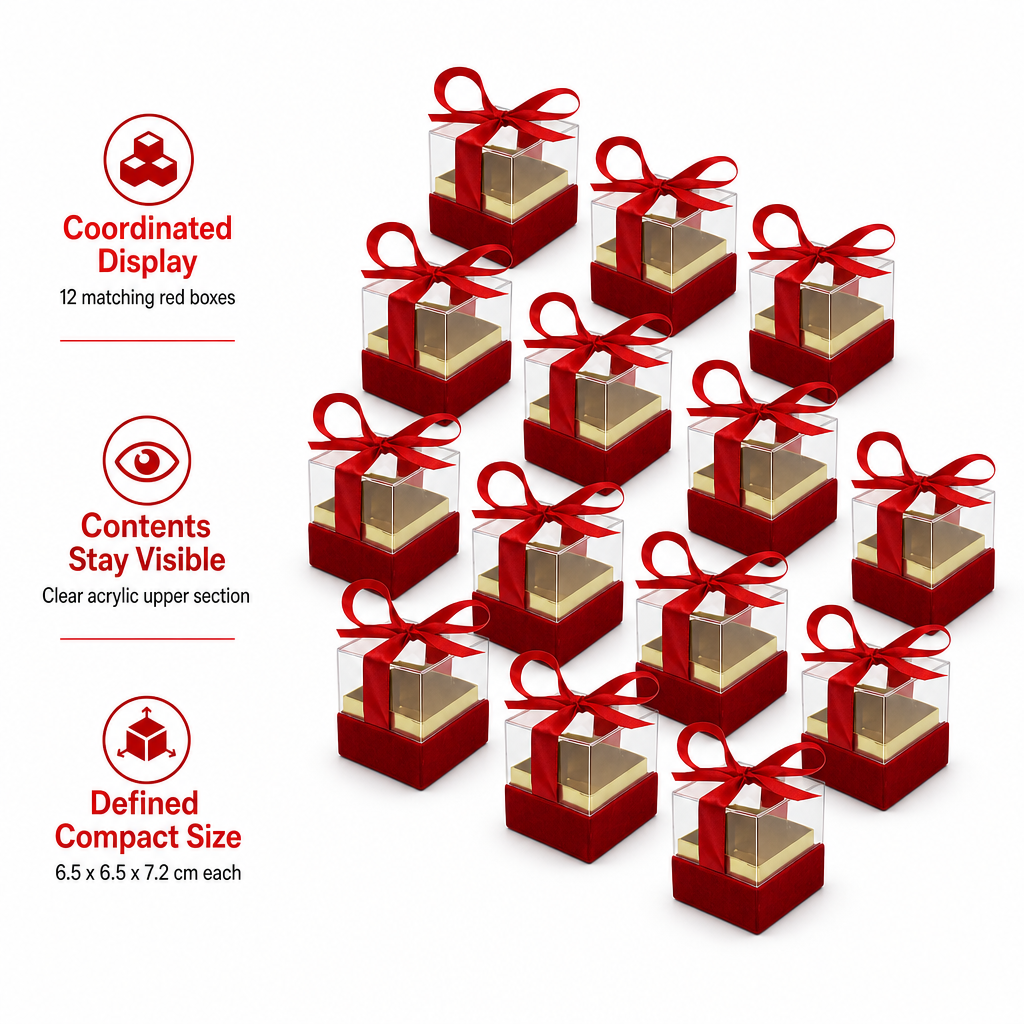 60 Pieces Red Square Acrylic Presentation Boxes with Ribbon, 6.5 x 6.5 x 7.2 cm, 12 Pieces