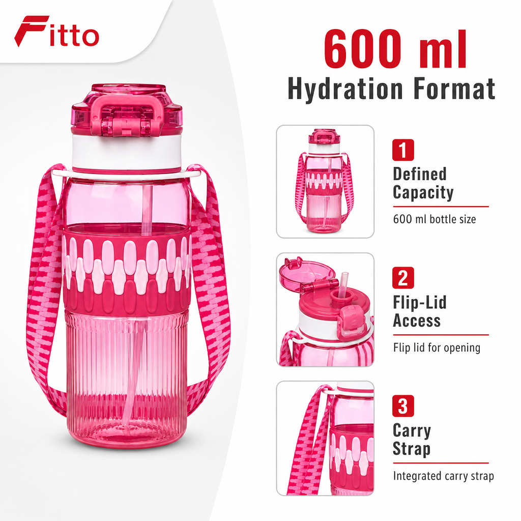 96 Pieces Sports Water Bottles with Flip Lid and Carry Strap, Pink Printed Design, 600 ml