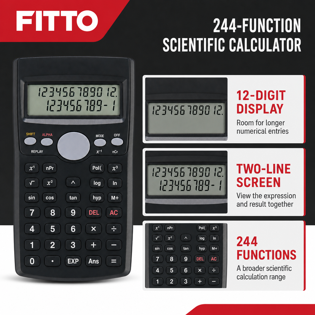 72 Pieces Scientific Calculators, Black 12-Digit Display, Two-Line Screen, 244 Functions, 1 Piece