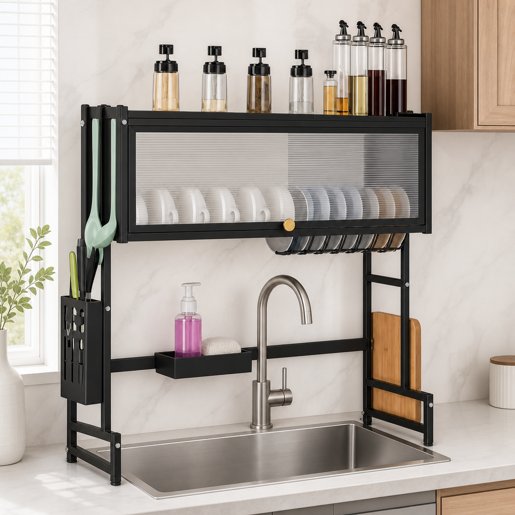 48 Pieces Over-the-Sink Dish Drying Rack with Cup, Plate and Utensil Holders, Black, 85 × 25 × 90.5 cm