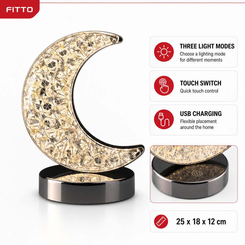 96 Pieces White LED Crystal Crescent Moon Table Lamps with 3 Light Modes, Touch Switch and USB Charging, 1 Piece