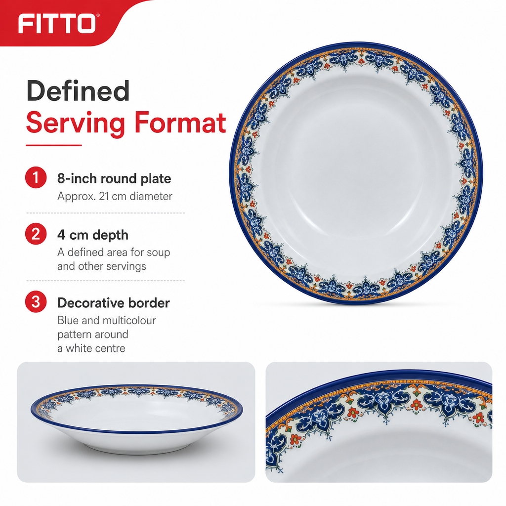 120 Pieces Melamine Soup Plate, 8 Inch, Round White Tablewares with Decorative Blue Border