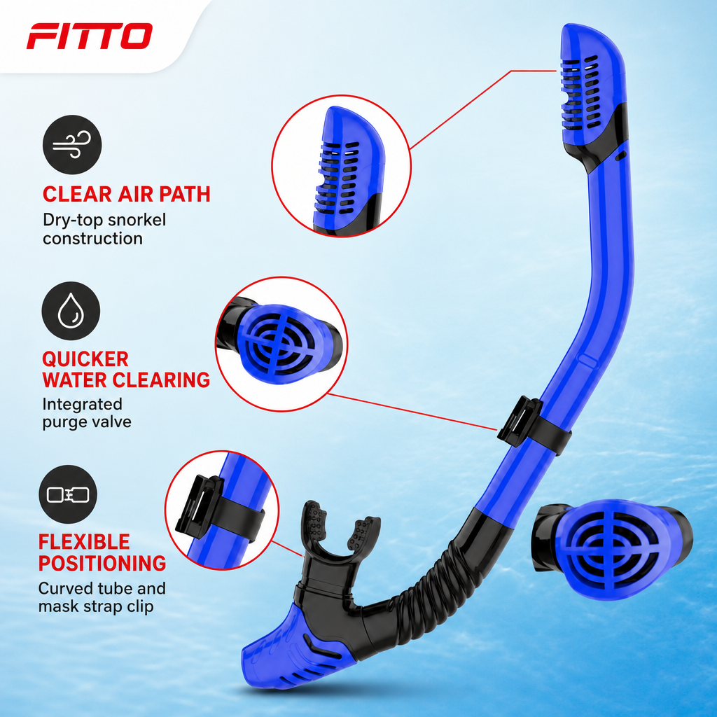 96 Pieces Dry Top Swimming Snorkel with Purge Valve, Flexible Tube and Mask Strap Clip, Blue