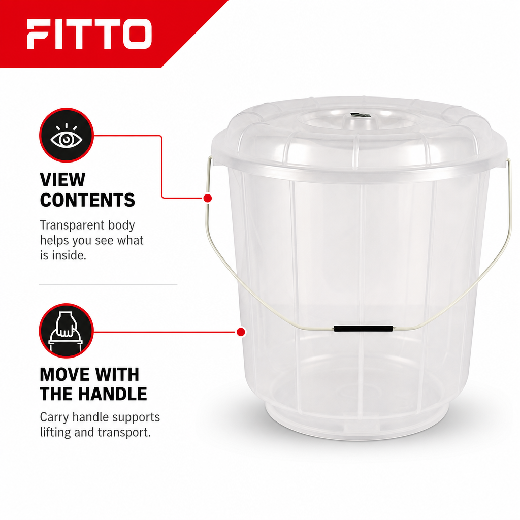 96 Pieces Transparent Plastic Bucket with Lid and Carry Handle, 25 Litre