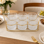 60 Pieces Textured Clear Glass Cup Set with Gold-Tone Metal Rack, 6 Cups and Rack, 7-Piece Drinkwares Set