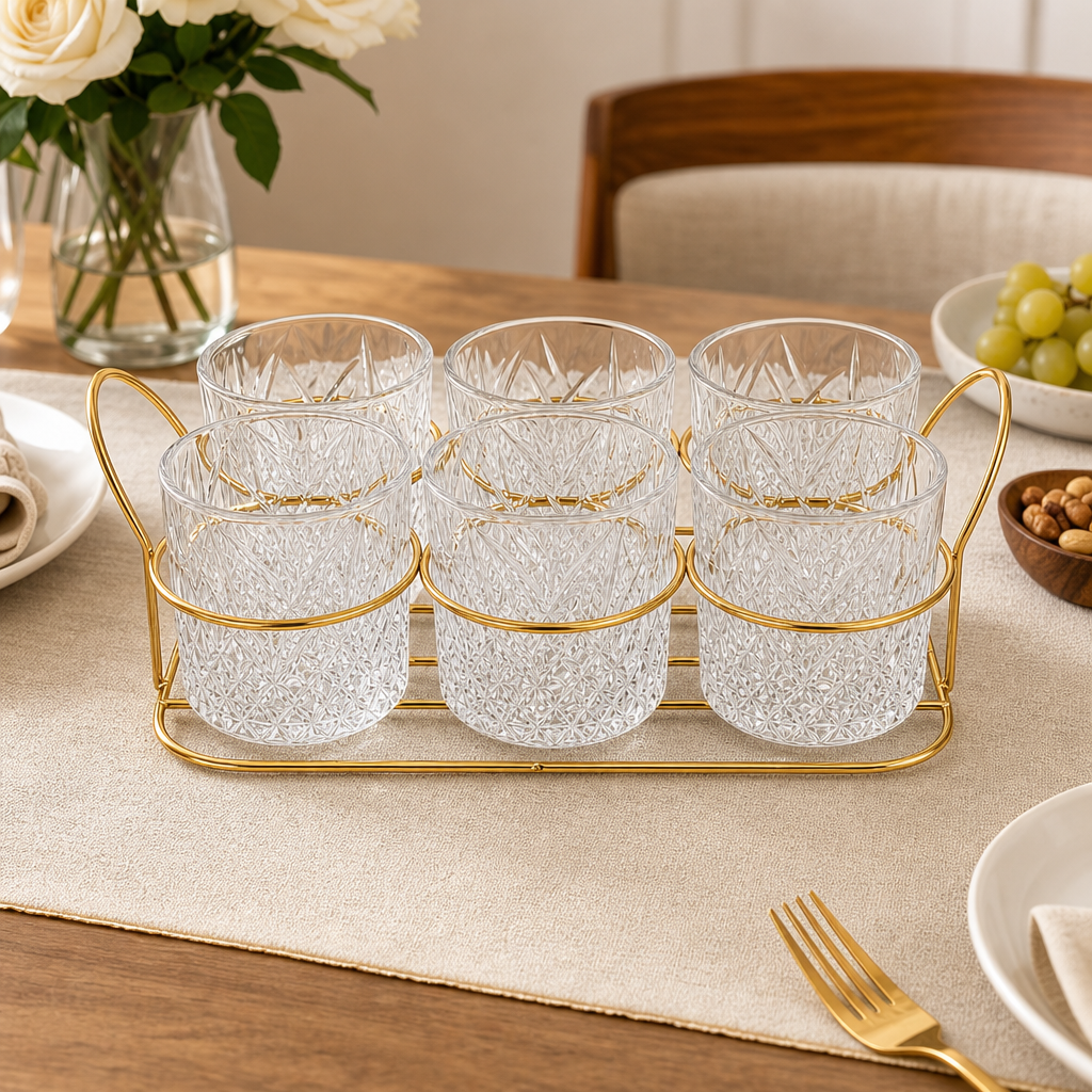 60 Pieces Textured Clear Glass Cup Set with Gold-Tone Metal Rack, 6 Cups and Rack, 7-Piece Drinkwares Set