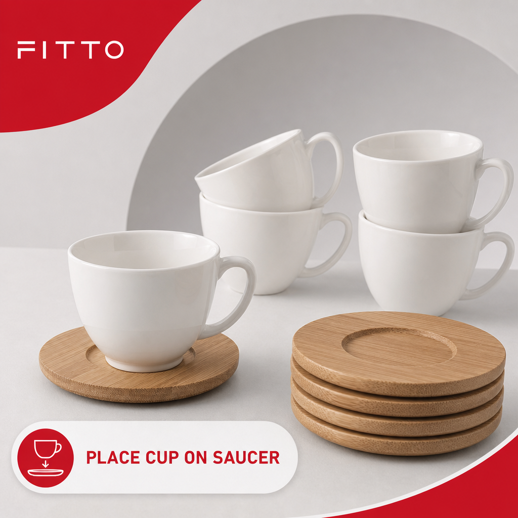 60 Pieces Ceramic Coffee Cups with Bamboo Saucers, White and Natural Wood, 6-Piece Set