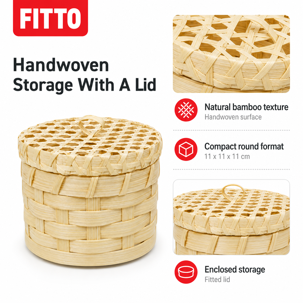96 Pieces Handwoven Bamboo Round Storage Box with Lid, Natural, 11 x 11 x 11 cm