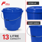 96 Pieces Plastic Bucket With Lid and Carry Handle, 13 Litre, Blue