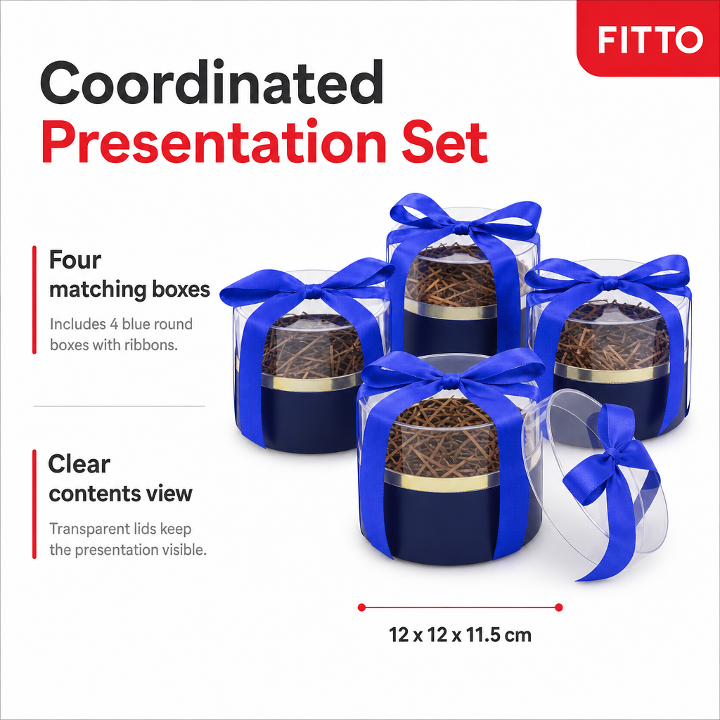 60 Pieces Blue Round Acrylic Presentation Boxes with Ribbon, 12 x 12 x 11.5 cm, 4 Pieces