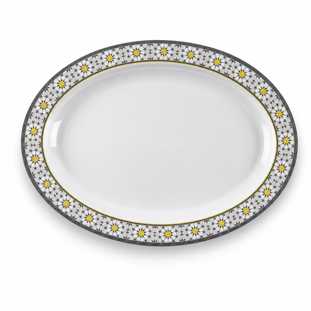 96 Pieces Melamine Wavy Oval Serving Plate, 17 Inch, White Grey with Yellow Accents