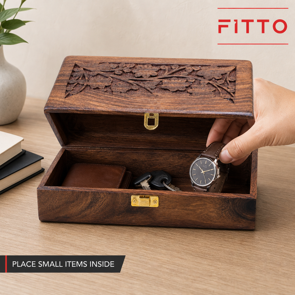 120 Pieces Wooden Rectangular Storage Box, 8 x 5 Inch, Carved Design with Front Clasp