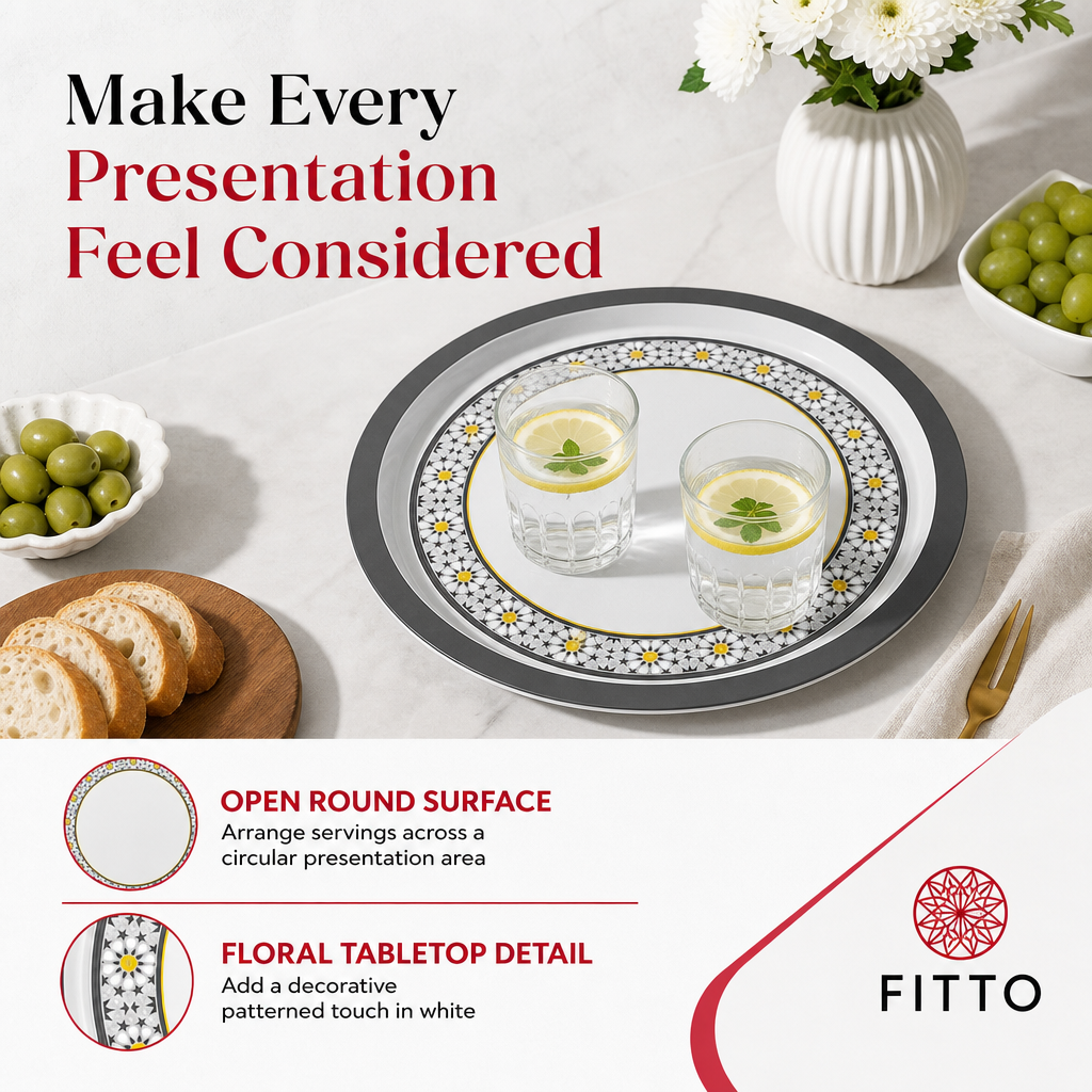 96 Pieces Serving Trays, Round Melamine Woven Design, 40 cm, White Floral Pattern