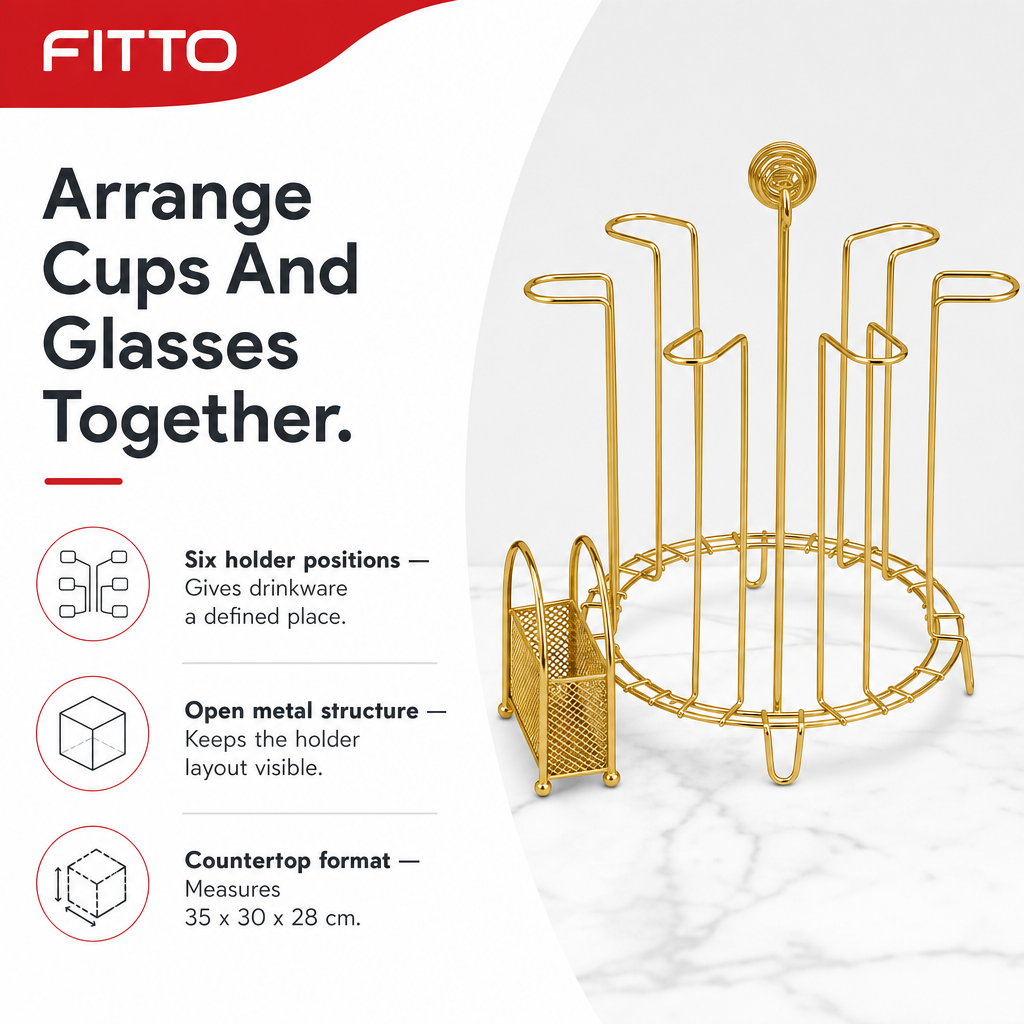 96 Pieces Gold-Tone Cup and Glass Drying Rack with 6 Holders, Metal Kitchen Organizer, 35 x 30 x 28 cm