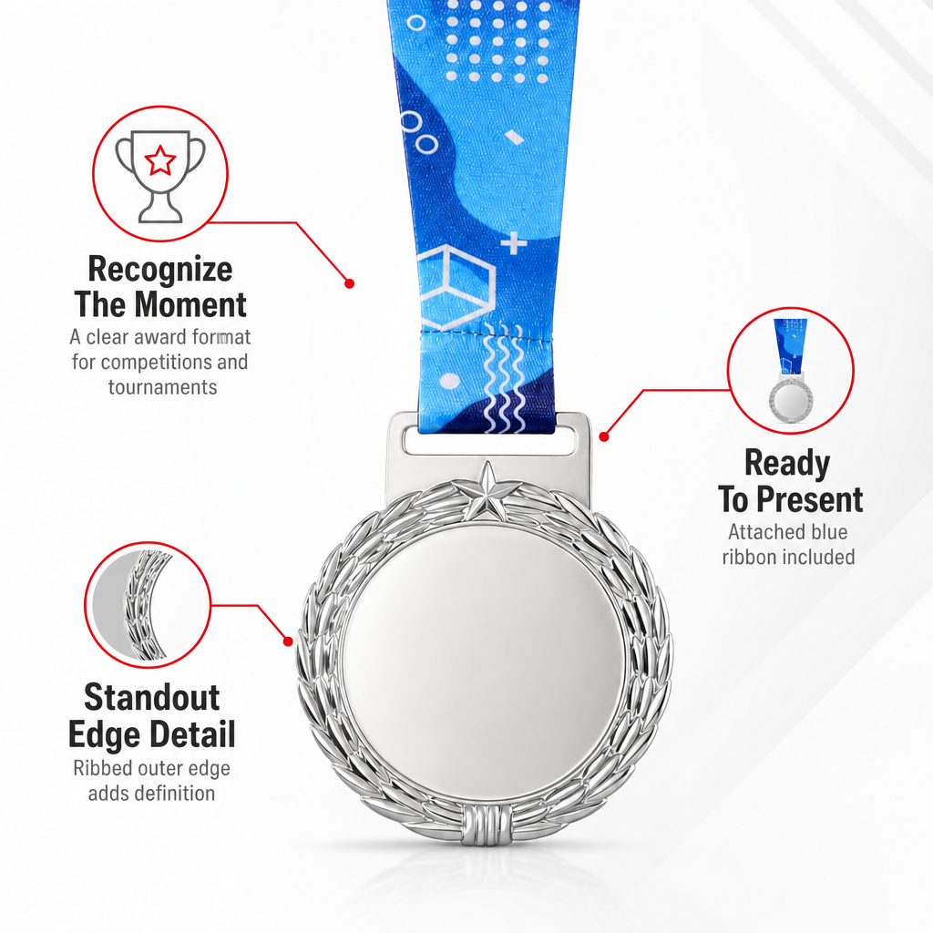 144 Pieces Sports Medal with Blue Ribbon, Silver, Ribbed Edge, 10 x 8 cm