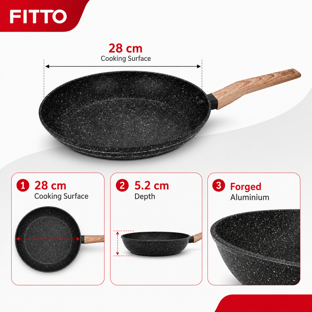 48 Pieces Forged Aluminium Frying Pan Without Lid, Round Black Cookwares, 28 cm Diameter x 5.2 cm Deep