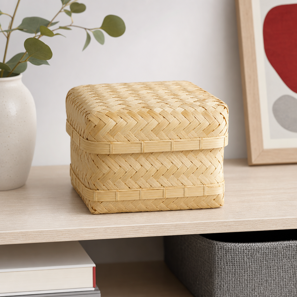 96 Pieces Handwoven Bamboo Square Storage Box with Lid, 6 x 6 Inch, Natural