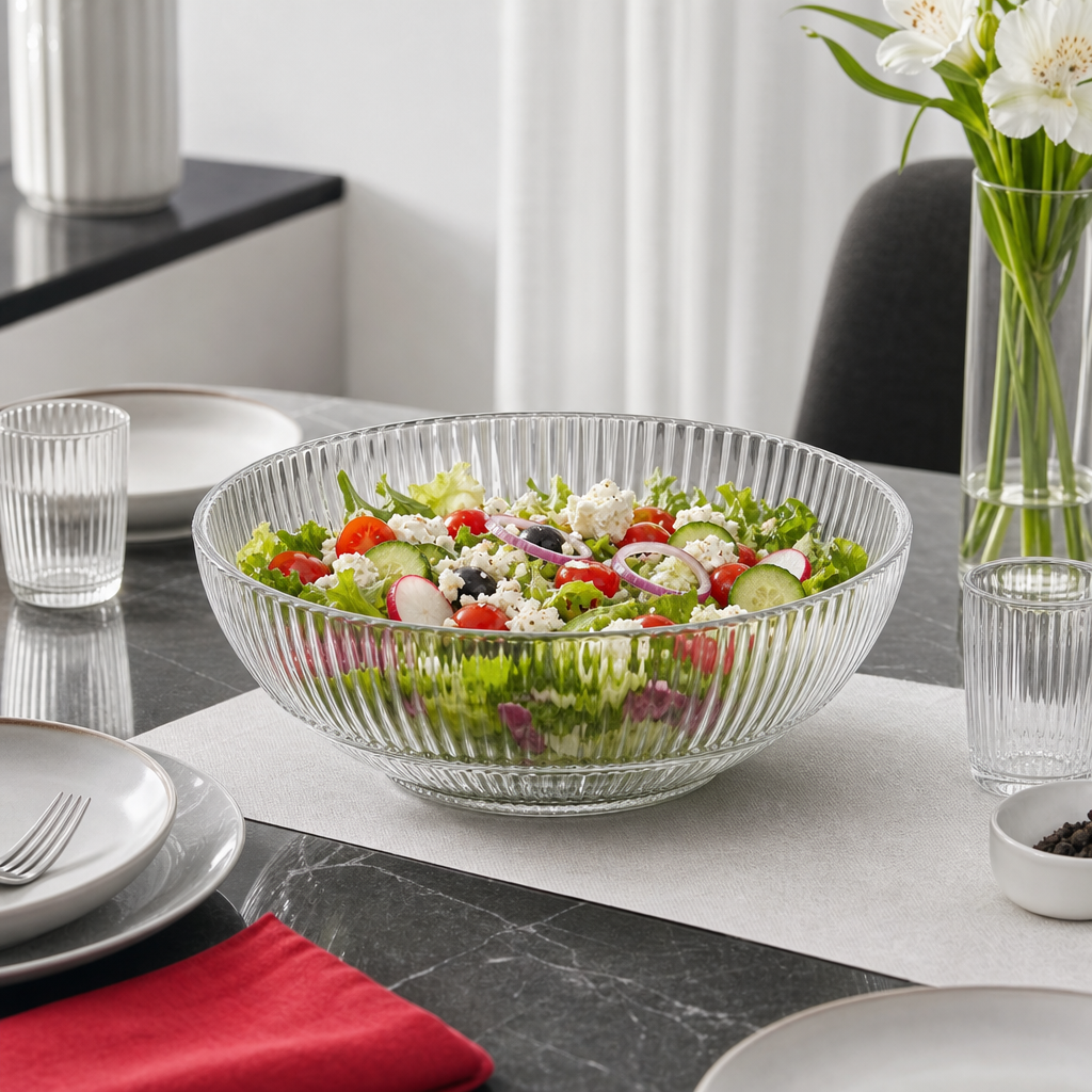 96 Pieces Ribbed Glass Serving Bowl, 223 mm, Clear, 1 Piece