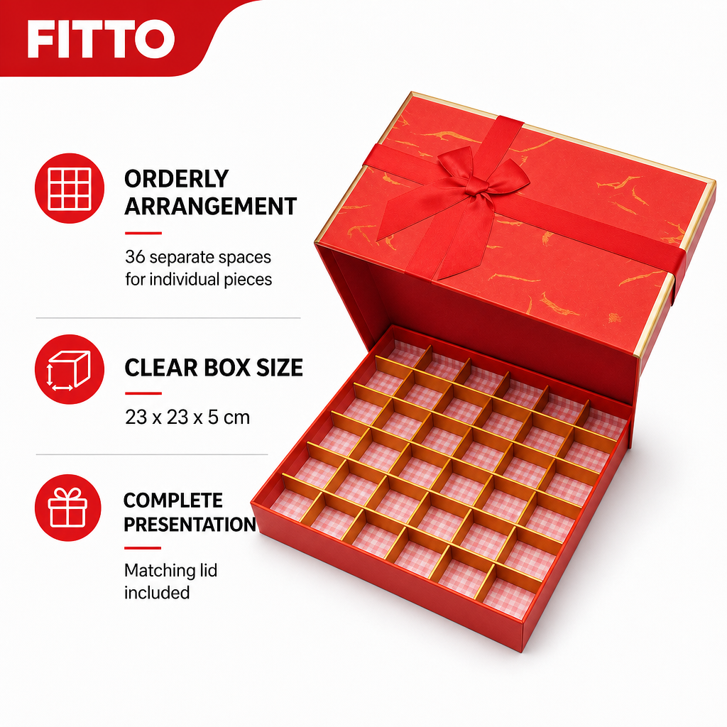 96 Pieces Chocolate Box with 36 Compartments, Red, 23 x 23 x 5 cm, 1 Piece