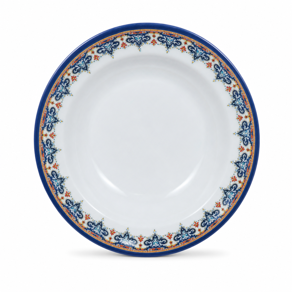 120 Pieces Melamine Dinner Plate, 9 Inch, White With Blue Decorative Border