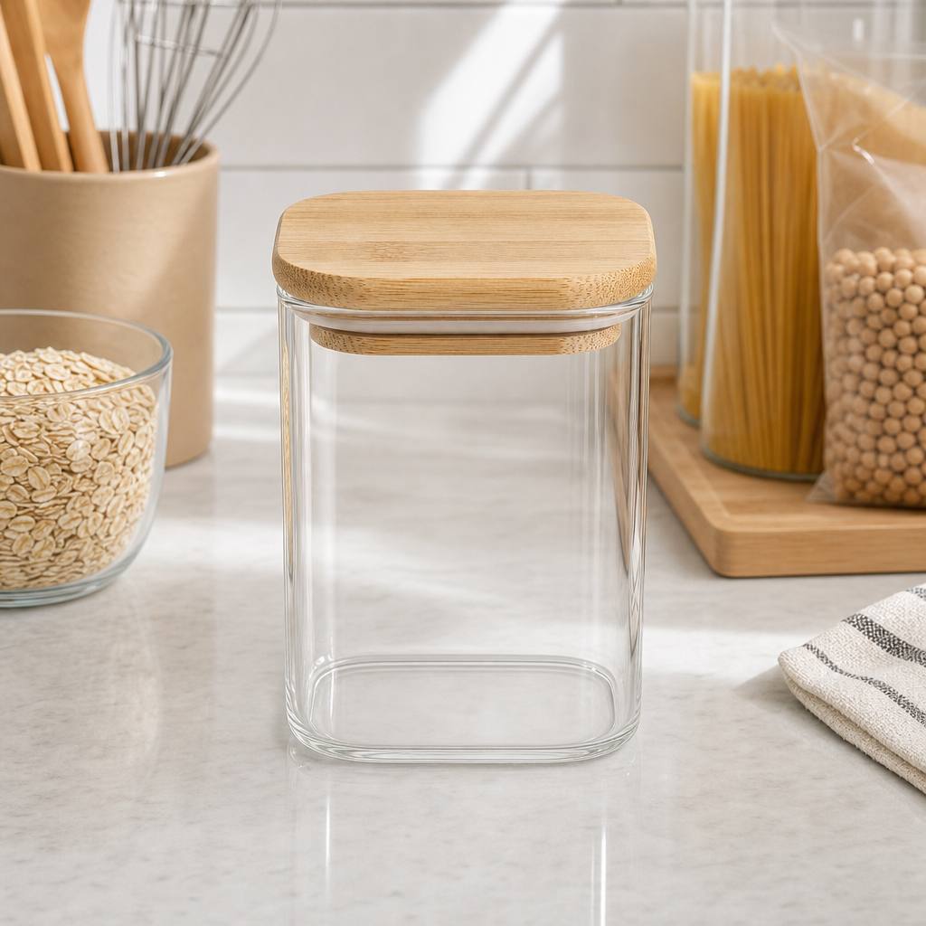 144 Pieces Glass Storage Jar with Wooden Lid, 12 x 6 x 6 cm, Clear and Natural Wood, 1 Piece